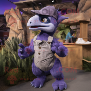 Lavender Utahraptor mascot costume character dressed with a Overalls and Mittens