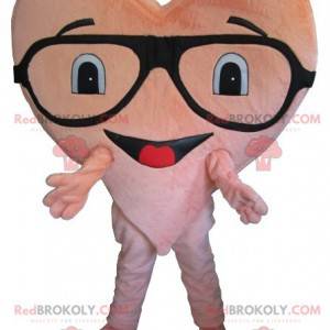 Mascote gigante de coração rosa com óculos - Redbrokoly.com