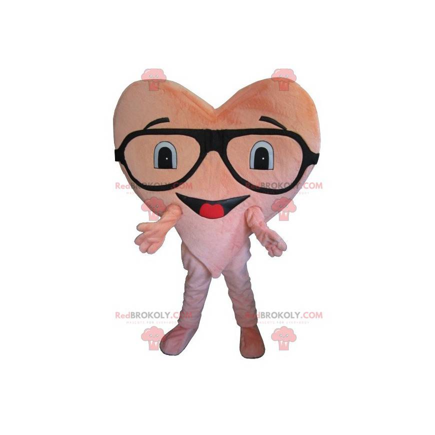 Mascotte de cœur rose géant avec des lunettes - Redbrokoly.com