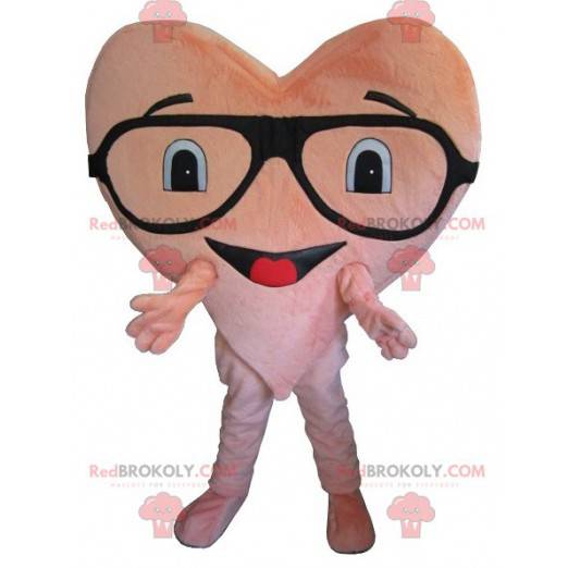 Mascotte de cœur rose géant avec des lunettes - Redbrokoly.com