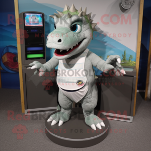 Gray Dragon mascot costume character dressed with a Board Shorts and Coin purses