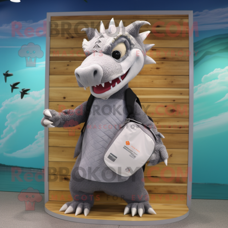 Gray Dragon mascot costume character dressed with a Board Shorts and Coin purses