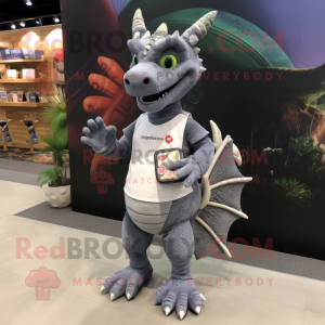 Gray Dragon mascot costume character dressed with a Board Shorts and Coin purses