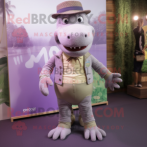 Lavender Crocodile mascot costume character dressed with a Chinos and Cummerbunds