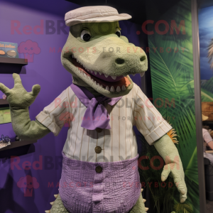 Lavender Crocodile mascot costume character dressed with a Chinos and Cummerbunds