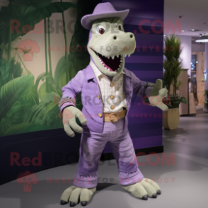 Lavender Crocodile mascot costume character dressed with a Chinos and Cummerbunds