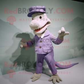 Lavender Crocodile mascot costume character dressed with a Chinos and Cummerbunds