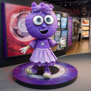 Purple Plate Spinner mascot costume character dressed with a Mini Skirt and Pocket squares