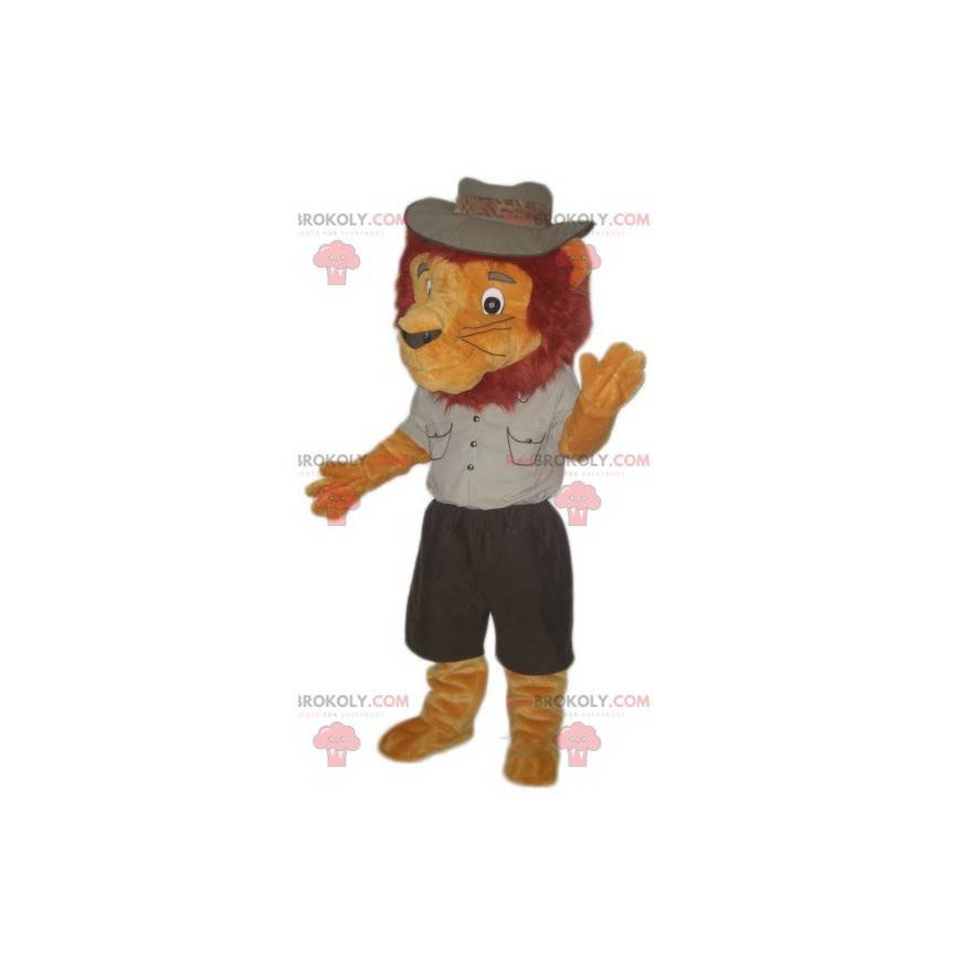 Mascotte de lion habillé en tenue d'explorateur - Redbrokoly.com