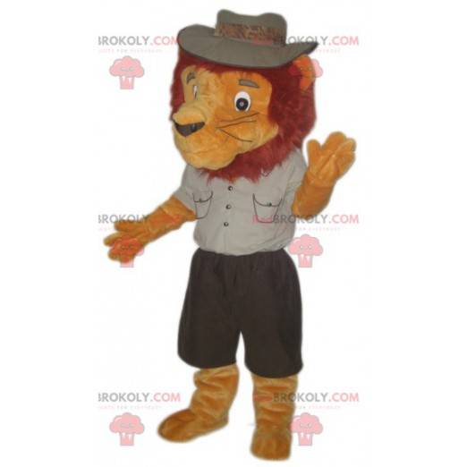Leeuw mascotte gekleed in ontdekkingsreiziger outfit -