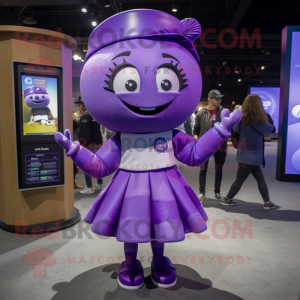 Purple Plate Spinner mascot costume character dressed with a Mini Skirt and Pocket squares