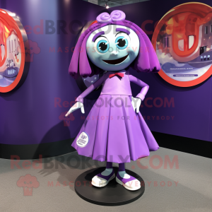 Purple Plate Spinner mascot costume character dressed with a Mini Skirt and Pocket squares