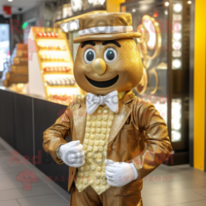 Gold Chocolates mascot costume character dressed with a Waistcoat and Headbands