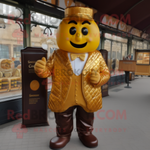 Gold Chocolates mascot costume character dressed with a Waistcoat and Headbands