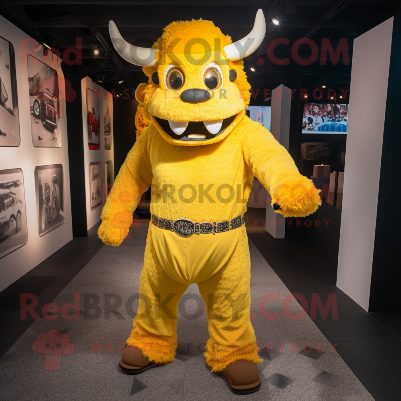 Yellow Minotaur mascot costume character dressed with a Jumpsuit and Hats