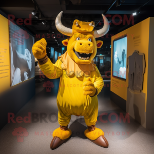 Yellow Minotaur mascot costume character dressed with a Jumpsuit and Hats