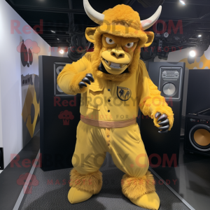 Yellow Minotaur mascot costume character dressed with a Jumpsuit and Hats
