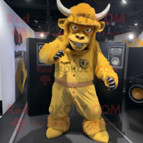 Yellow Minotaur mascot costume character dressed with a Jumpsuit and Hats