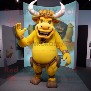 Yellow Minotaur mascot costume character dressed with a Jumpsuit and Hats