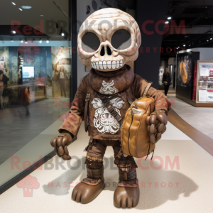 Brown Skull mascot costume character dressed with a Graphic Tee and Handbags