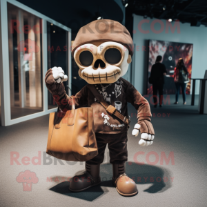 Brown Skull mascot costume character dressed with a Graphic Tee and Handbags