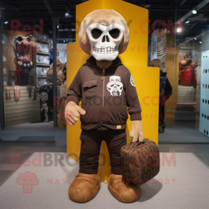 Brown Skull mascot costume character dressed with a Graphic Tee and Handbags