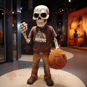Brown Skull mascot costume character dressed with a Graphic Tee and Handbags