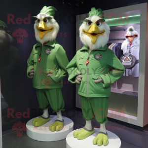 Green Roosters mascot costume character dressed with a Windbreaker and Cufflinks