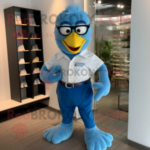 Sky Blue Hens mascot costume character dressed with a Dress Pants and Eyeglasses