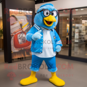 Sky Blue Hens mascot costume character dressed with a Dress Pants and Eyeglasses