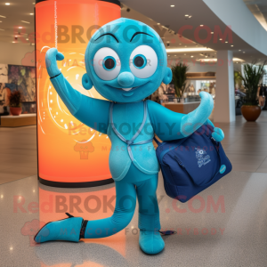 Turquoise Acrobat mascot costume character dressed with a Yoga Pants and Tote bags