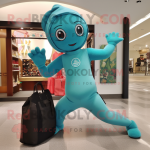 Turquoise Acrobat mascot costume character dressed with a Yoga Pants and Tote bags