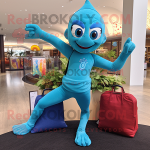 Turquoise Acrobat mascot costume character dressed with a Yoga Pants and Tote bags
