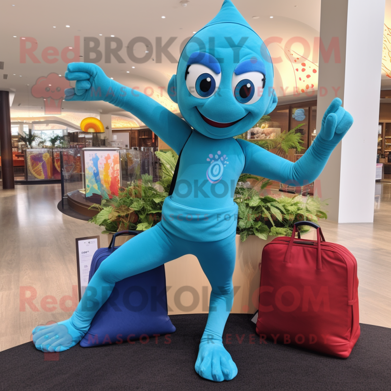 Turquoise Acrobat mascot costume character dressed with a Yoga Pants and Tote bags Turquoise Acrobat mascot costume character dressed with a Yoga Pants and Tote bags