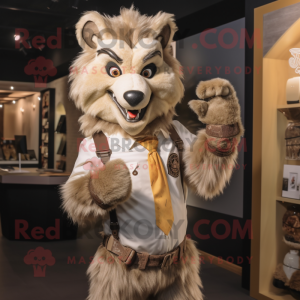 Beige Werewolf mascot costume character dressed with a Vest and Earrings