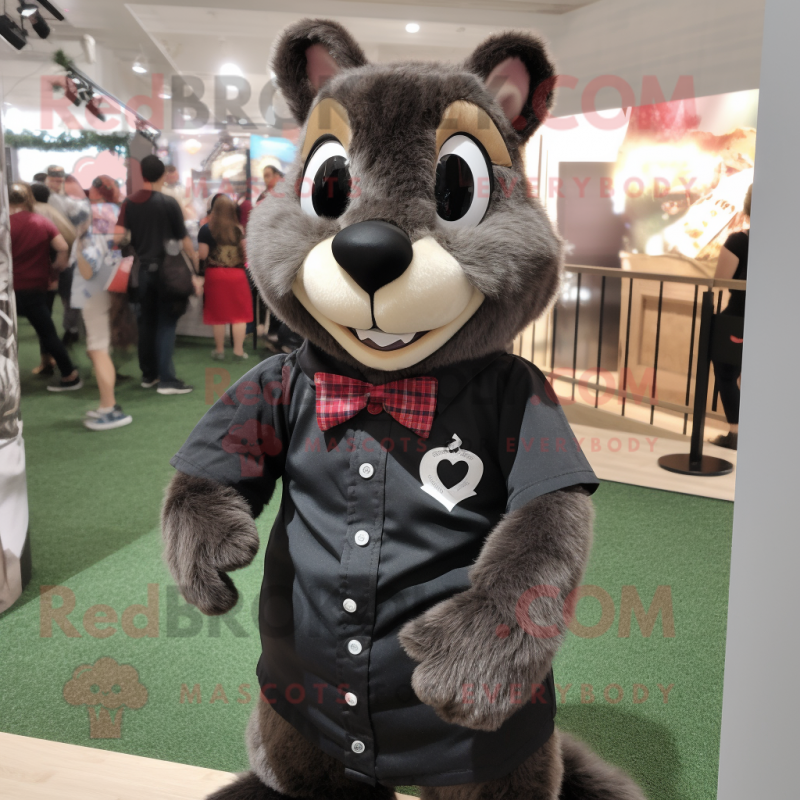 Black Squirrel mascot costume character dressed with a Oxford Shirt and Shoe laces Black Squirrel mascot costume character dressed with a Oxford Shirt and Shoe laces