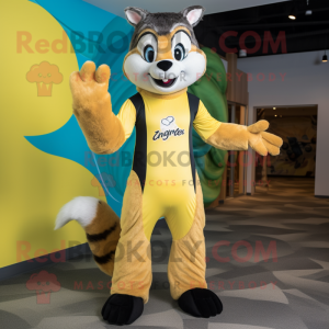 Yellow Skunk mascot costume character dressed with a One-Piece Swimsuit and Mittens