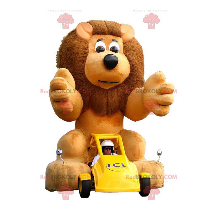 Mascote do carro amarelo com um leão marrom. Mascote LCL -