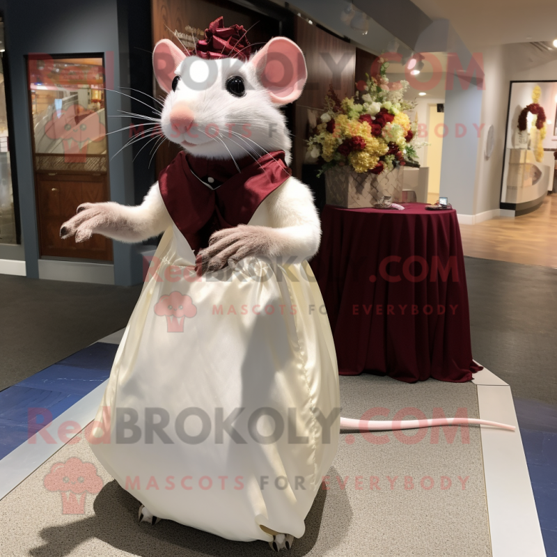 Maroon Rat mascot costume character dressed with a Wedding Dress and Handbags Maroon Rat mascot costume character dressed with a Wedding Dress and Handbags