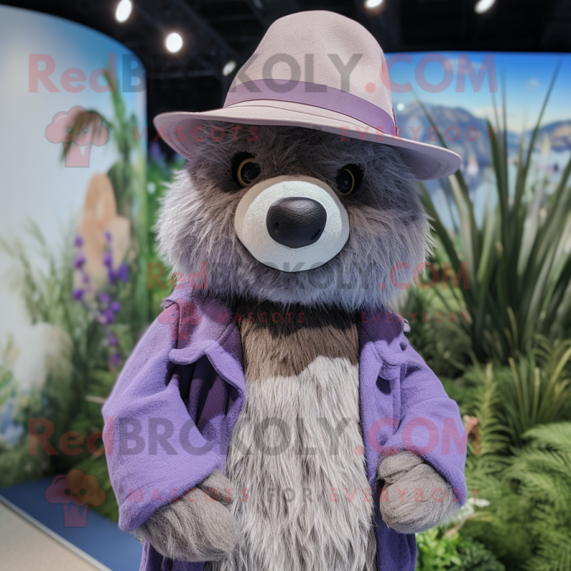 Lavender Sloth Bear mascot costume character dressed with a Playsuit and Hat pins