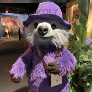Lavender Sloth Bear mascot costume character dressed with a Playsuit and Hat pins