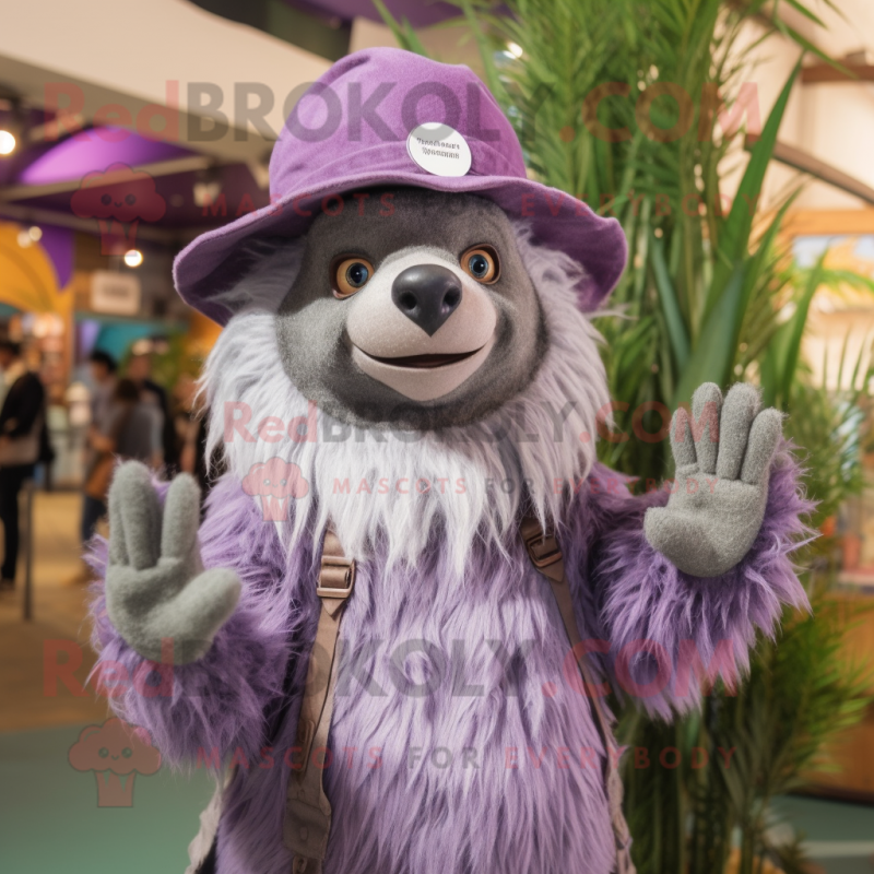 Lavender Sloth Bear mascot costume character dressed with a Playsuit and Hat pins Lavender Sloth Bear mascot costume character dressed with a Playsuit and Hat pins