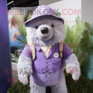 Lavender Sloth Bear mascot costume character dressed with a Playsuit and Hat pins