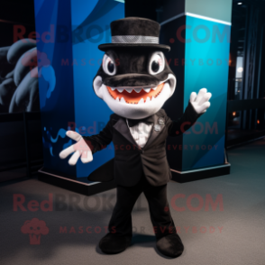 Black Shark mascot costume character dressed with a Tuxedo and Beanies