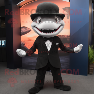 Black Shark mascot costume character dressed with a Tuxedo and Beanies