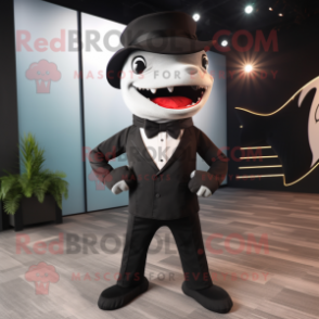 Black Shark mascot costume character dressed with a Tuxedo and Beanies