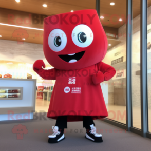 Red Miso Soup mascot costume character dressed with a Leggings and Watches
