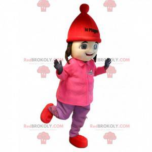 Mascot brunette girl in ski outfit. Mascot La Plagne -