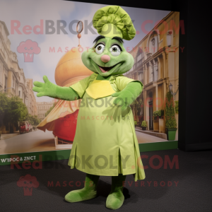 Lime Green Ratatouille mascot costume character dressed with a A-Line Skirt and Foot pads