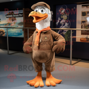 Brown Seagull mascot costume character dressed with a Corduroy Pants and Foot pads